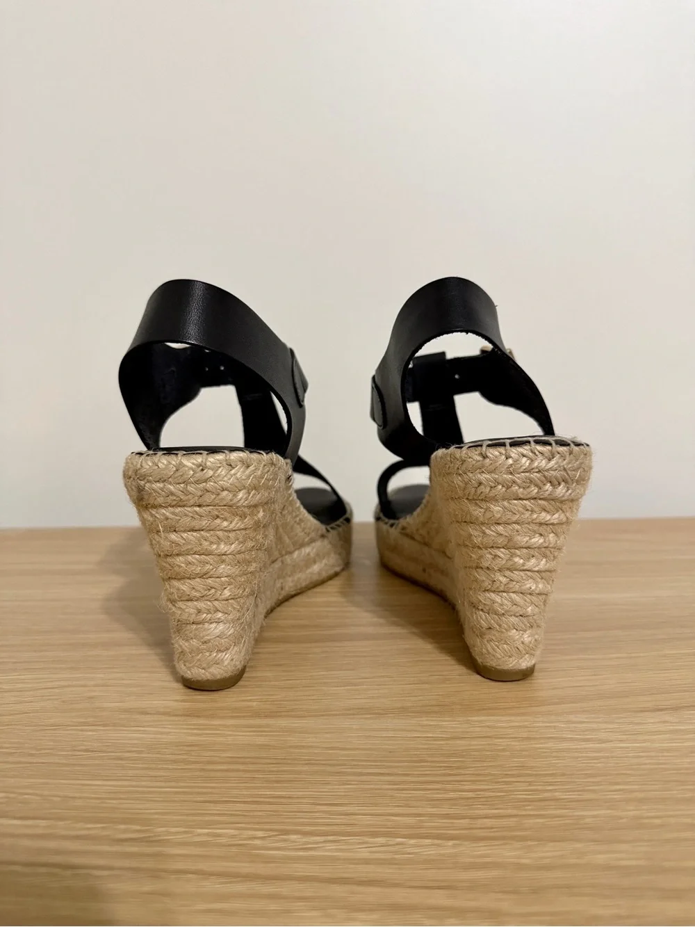Paseart Black T-Strap Espadrille Wedge Sandals with Padded Sole, Size 39/8.5